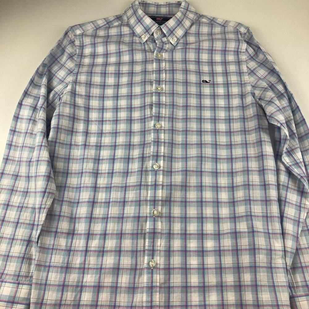Vineyard Vines Mens M Slim Fit Whale Shirt Plaid Button Down Blue Pink Cotton